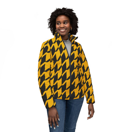 Yellow and Black Houndstooth Women's Puffer Jacket — Bold All-Over Print Winter Coat