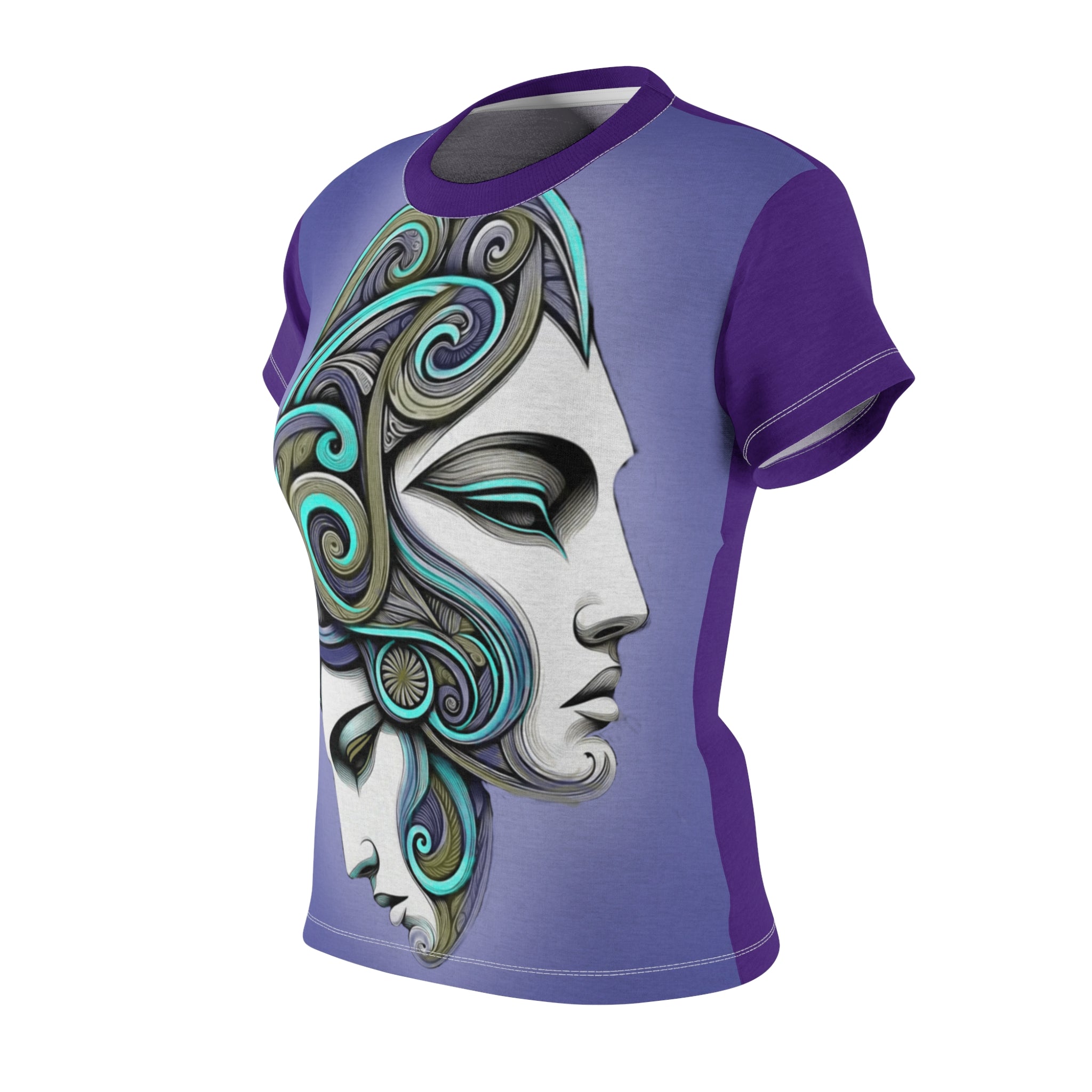 Women's All-Over Print Tee — Artistic Dual-Face Swirl Design