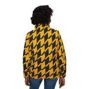 Yellow and Black Houndstooth Women's Puffer Jacket — Bold All-Over Print Winter Coat