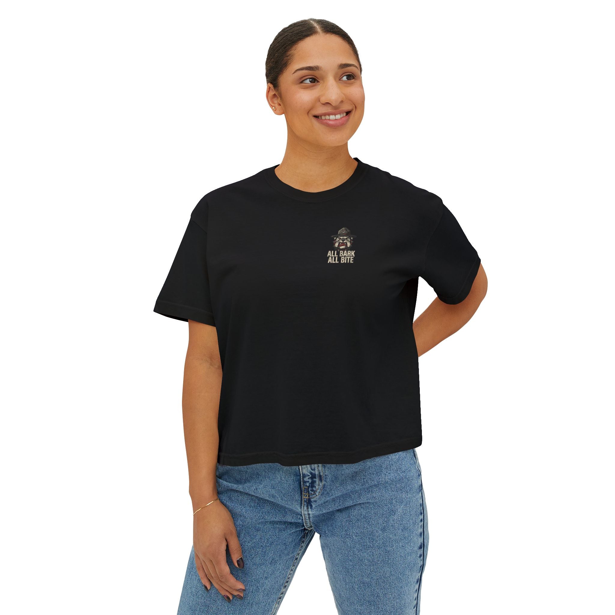 All Bark All Bite Bulldog Tee — Women's Boxy Dog Graphic T‑Shirt