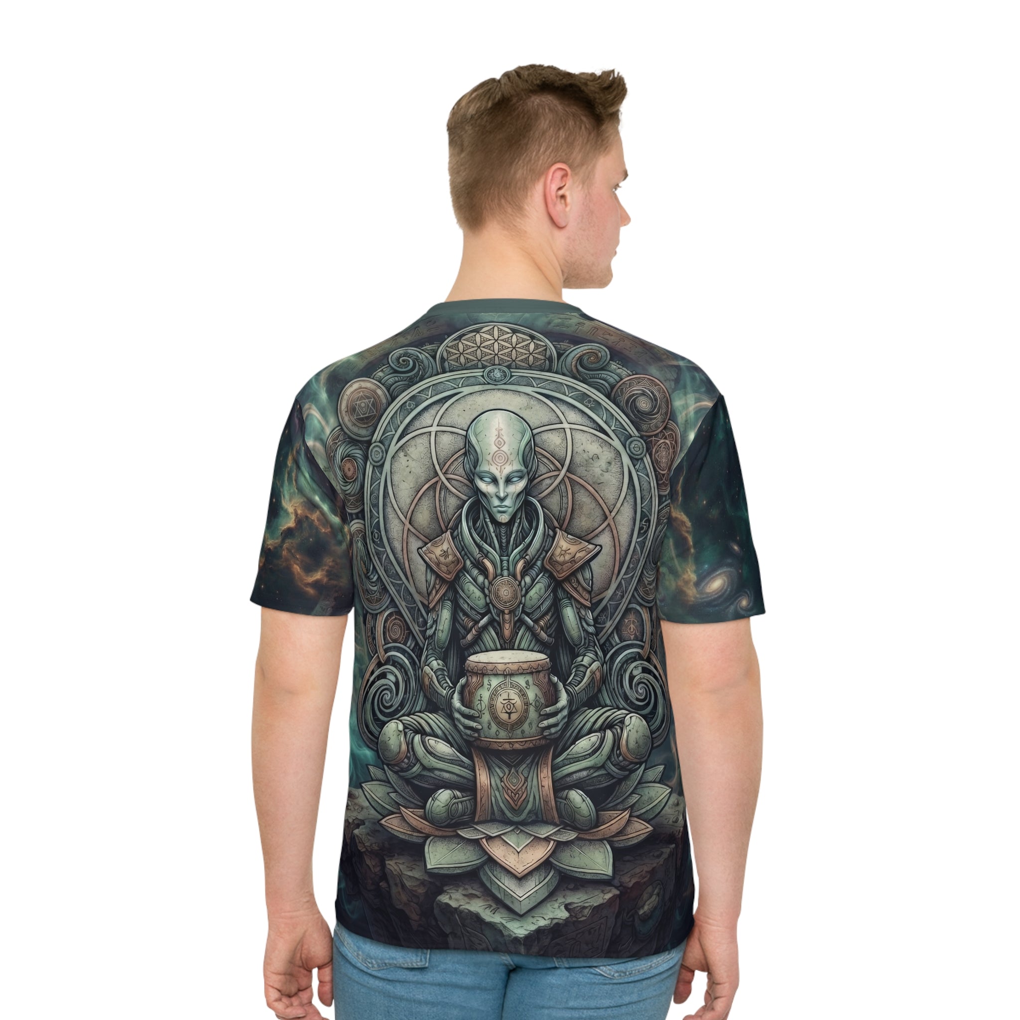 Alien Meditation Graphic T-Shirt — Cosmic Spiritual AOP Tee
