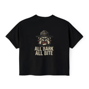All Bark All Bite Bulldog Tee — Women's Boxy Dog Graphic T‑Shirt