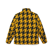Yellow and Black Houndstooth Women's Puffer Jacket — Bold All-Over Print Winter Coat