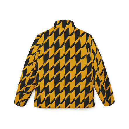Yellow and Black Houndstooth Women's Puffer Jacket — Bold All-Over Print Winter Coat