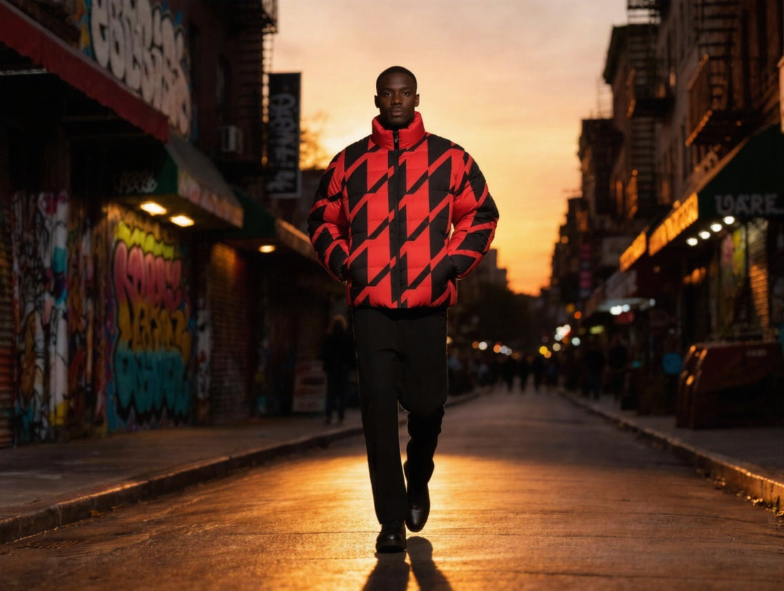 Red & Black Houndstooth Puffer Jacket — Bold Geometric All-Over Print