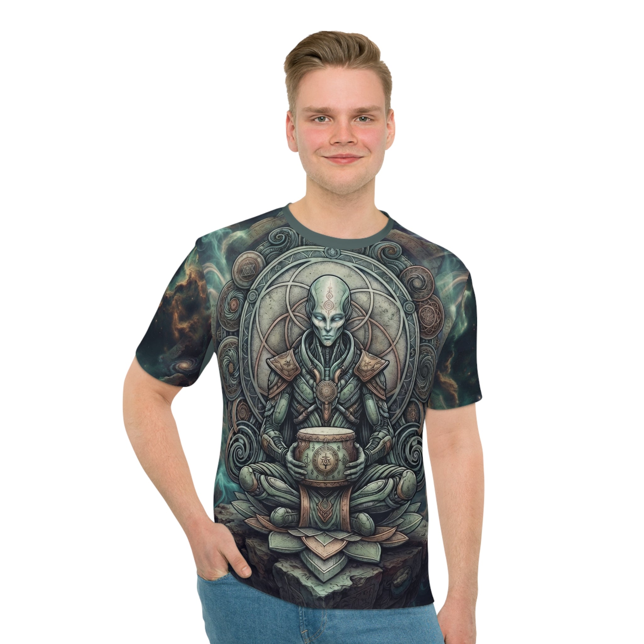 Alien Meditation Graphic T-Shirt — Cosmic Spiritual AOP Tee