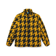 Yellow and Black Houndstooth Women's Puffer Jacket — Bold All-Over Print Winter Coat