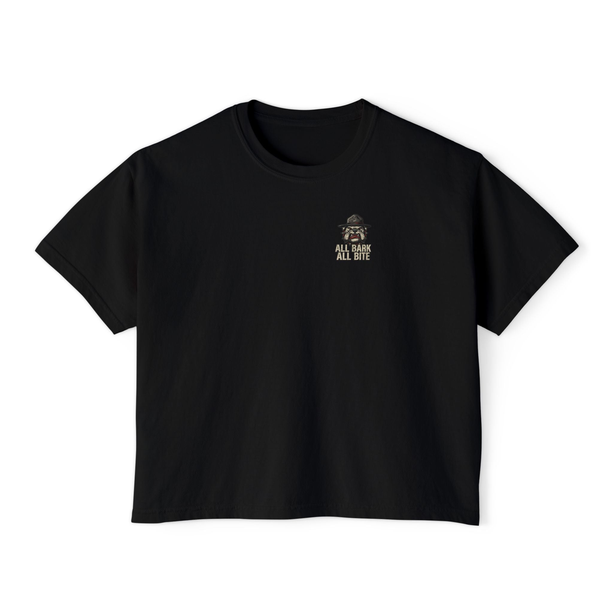 All Bark All Bite Bulldog Tee — Women's Boxy Dog Graphic T‑Shirt