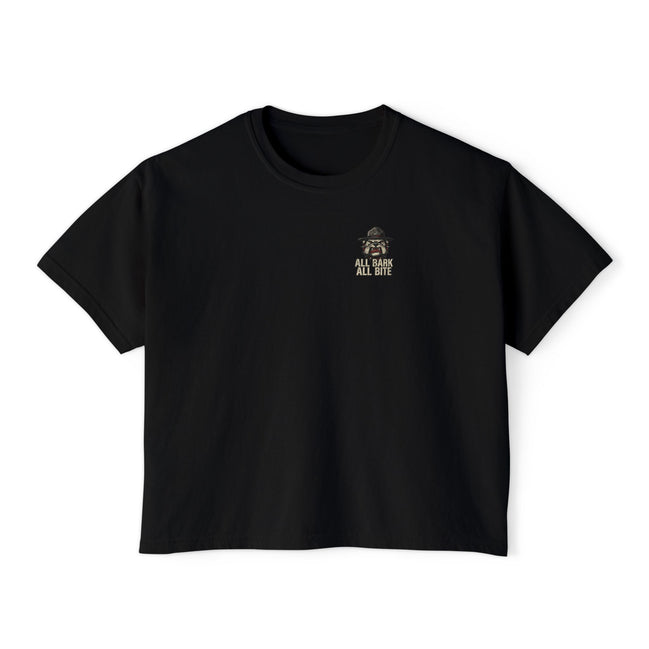 All Bark All Bite Bulldog Tee — Women's Boxy Dog Graphic T‑Shirt