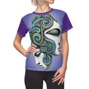 Women's All-Over Print Tee — Artistic Dual-Face Swirl Design