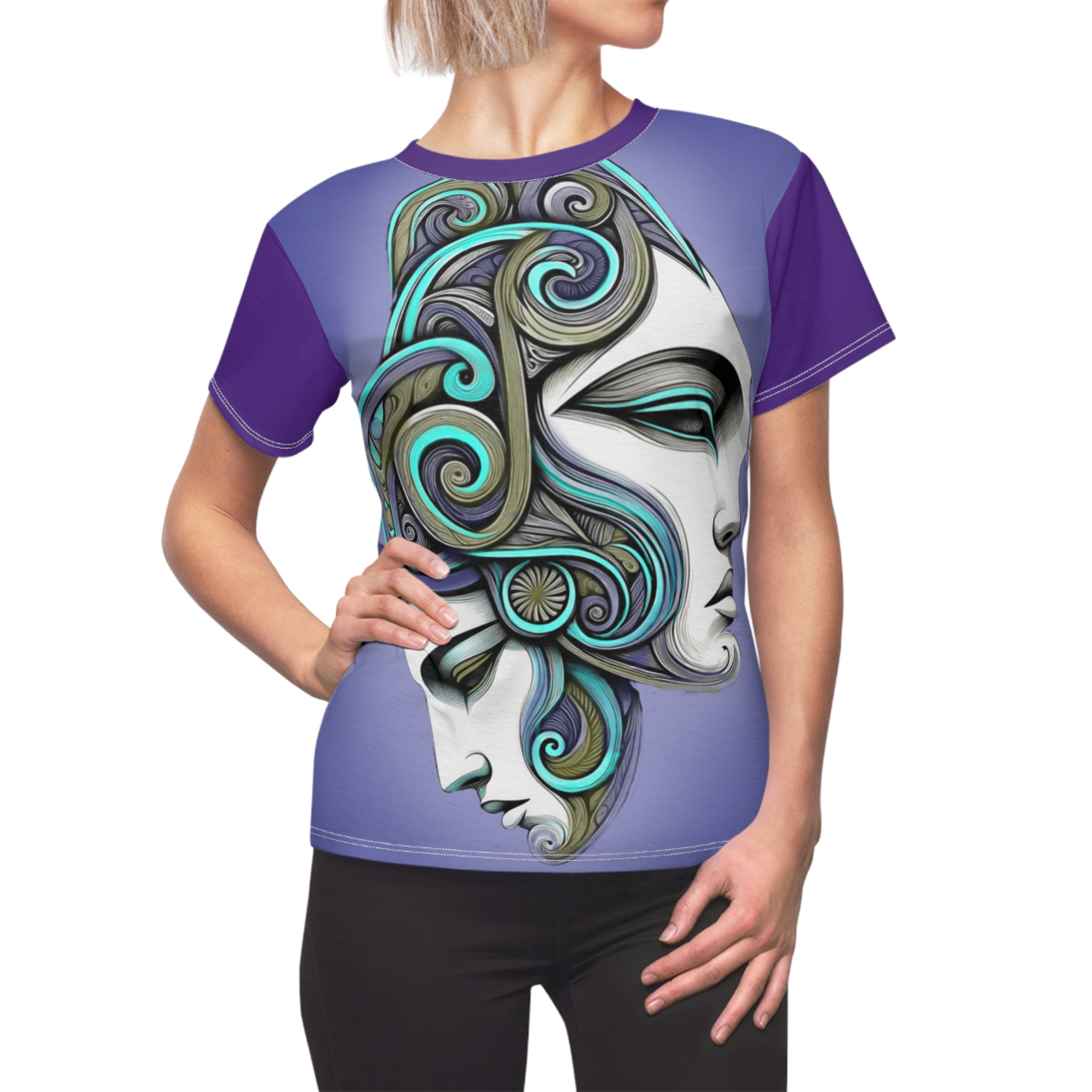 Women's All-Over Print Tee — Artistic Dual-Face Swirl Design