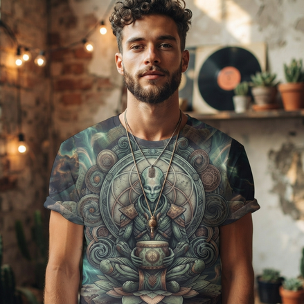 Alien Meditation Graphic T-Shirt — Cosmic Spiritual AOP Tee