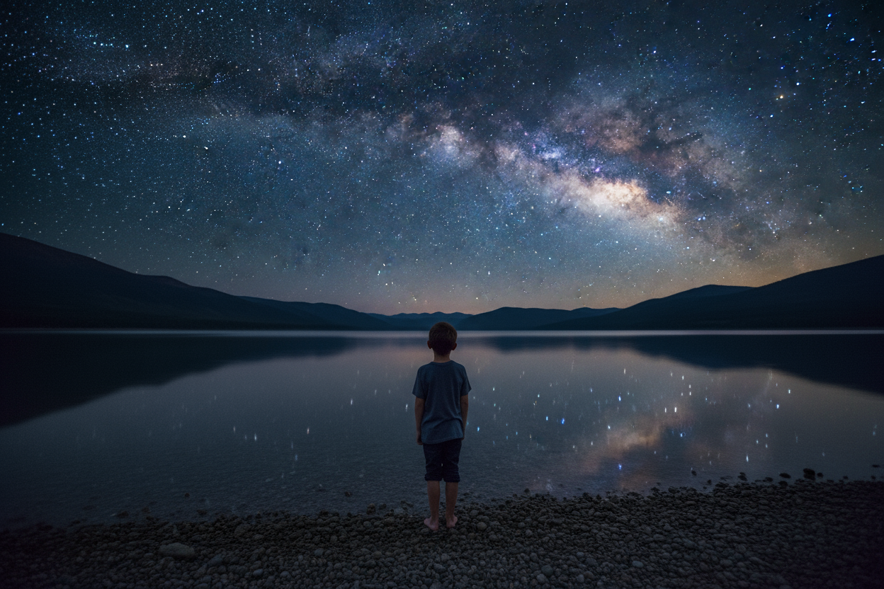 position boy standing on lake shore